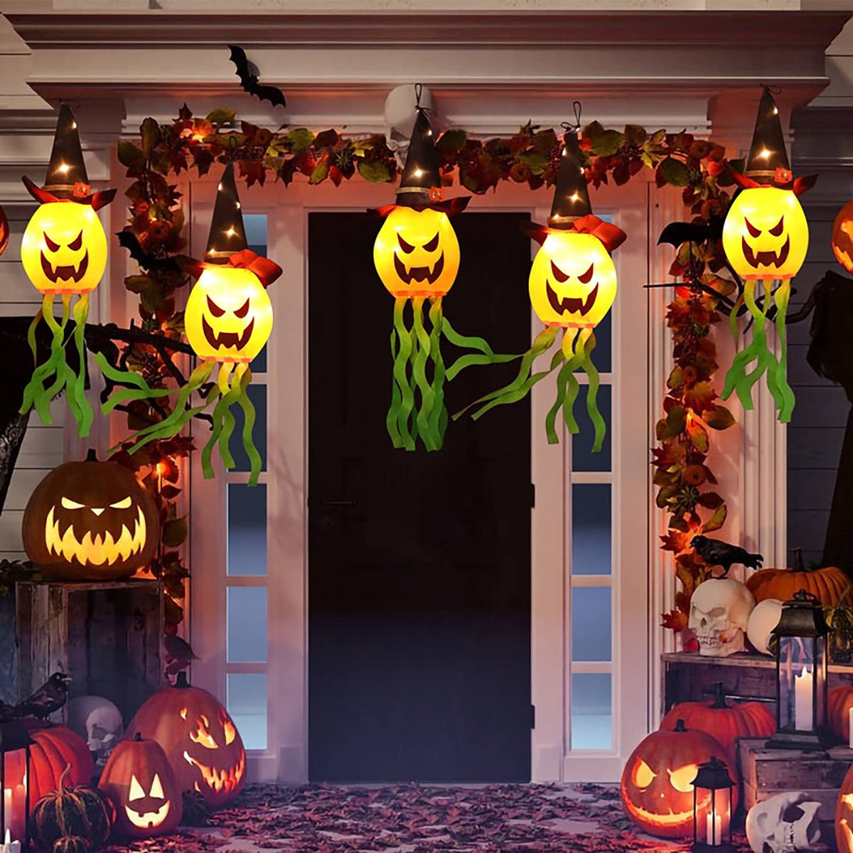 TETOU 5Pcs Halloween Decorations Outdoor Hanging Lights, Glowing Pumpkin Witch Hat Led Scary Light for Indoor Outside Party Tree Garden Porch Halloween Decoration - Warm Color