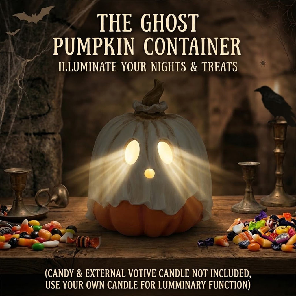 Ghost Pumpkin Candy Bowl/Lantern 2 In 1 With Detachable Ghost Mask Lid 10 Inch Resin Spooky Tabletop Decor For Halloween Party Supplies