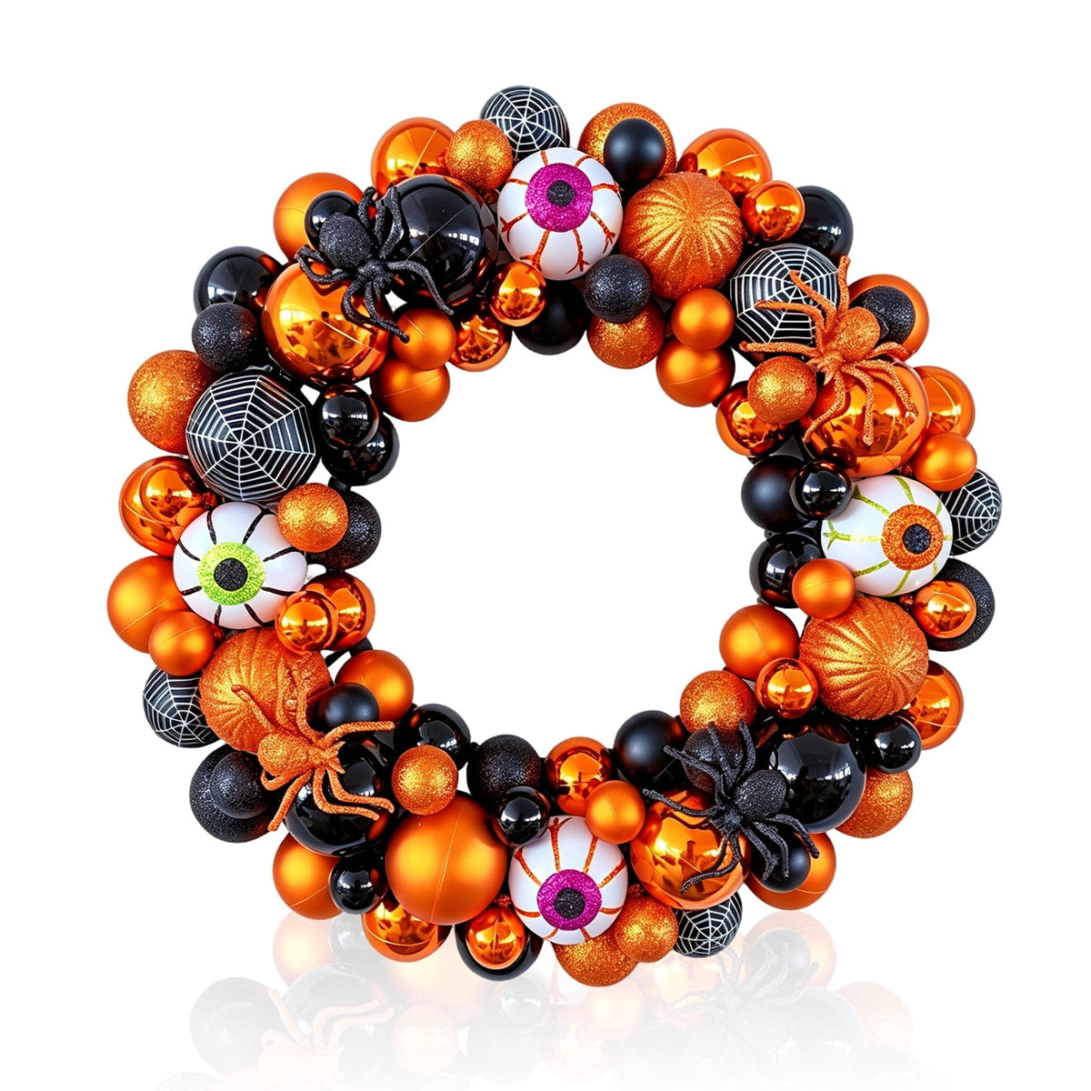 Godance 16 Inch Orange Halloween Spider Ball Wreath for Front Door, Halloween Treat-or-Trick Door Wreath Plastic Ball Ornament for Halloween Indoor Decorations Centerpiece Party Holiday Wall Decor