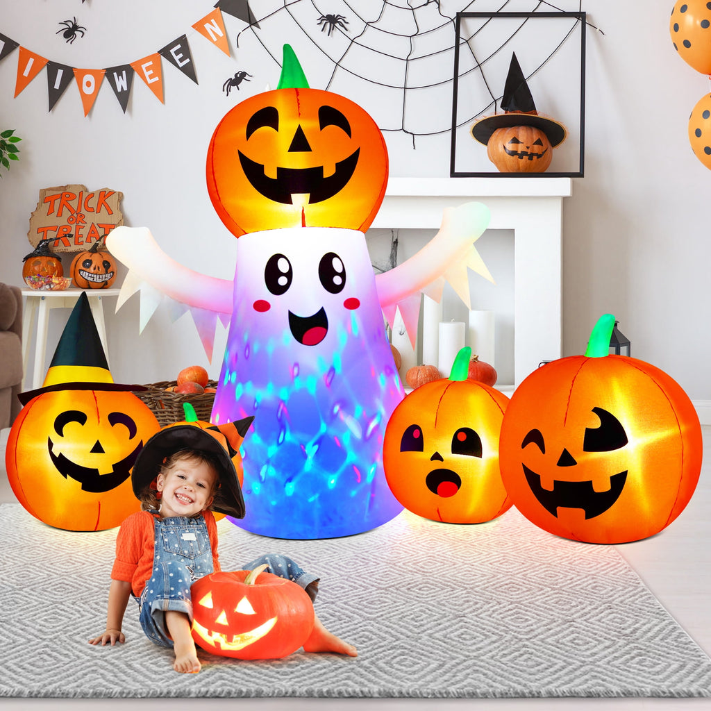 Yexmas 8FT Halloween Inflatable Decoration with Ghost, Black Cat and Pumpkins,Built-in LED Lights, Blow Up Halloween Yard Decor for Indoor/Outdoor Party,Yard, Lawn