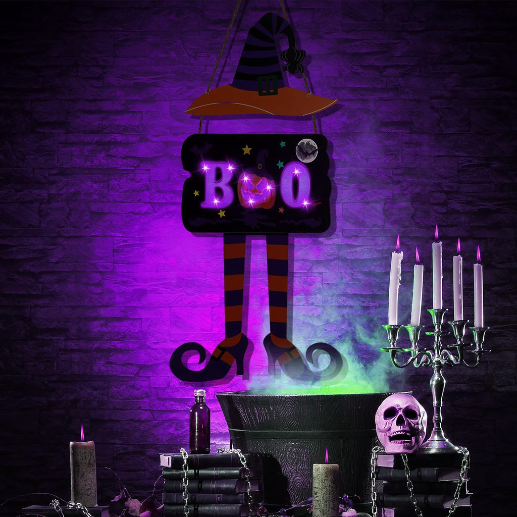 JoyHue Halloween Door Sign Witch Door Decorations With Timer Light Up Halloween Wreath Boo