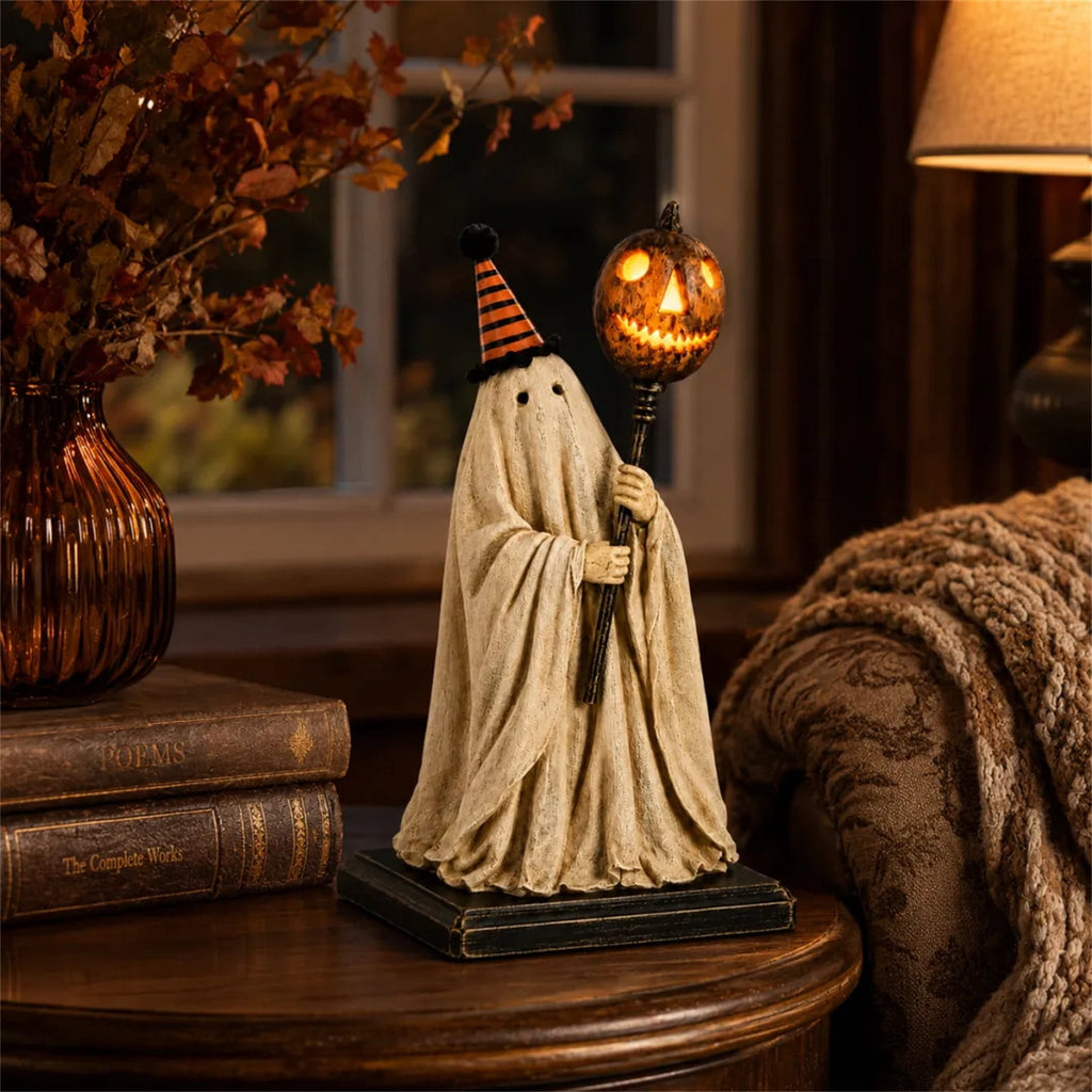 Win s Way Lighted Vintage Patchwork Ghost Decor Glowing Ghost Figurine with Pumpkin Lantern Farmhouse Style Light Up Statue for Mantel Shelf Entryway Table Fall Decorations