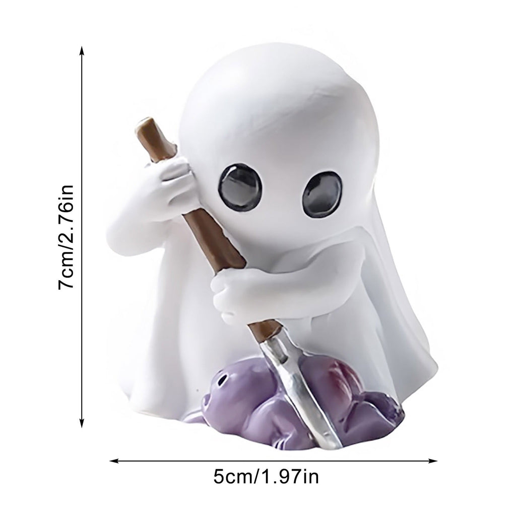 Halloween Ghost Figurine, Resin Lighted Ghost Ornament with Pumpkin Lantern & Beverage Cup, Tabletop Halloween Indoor Decor