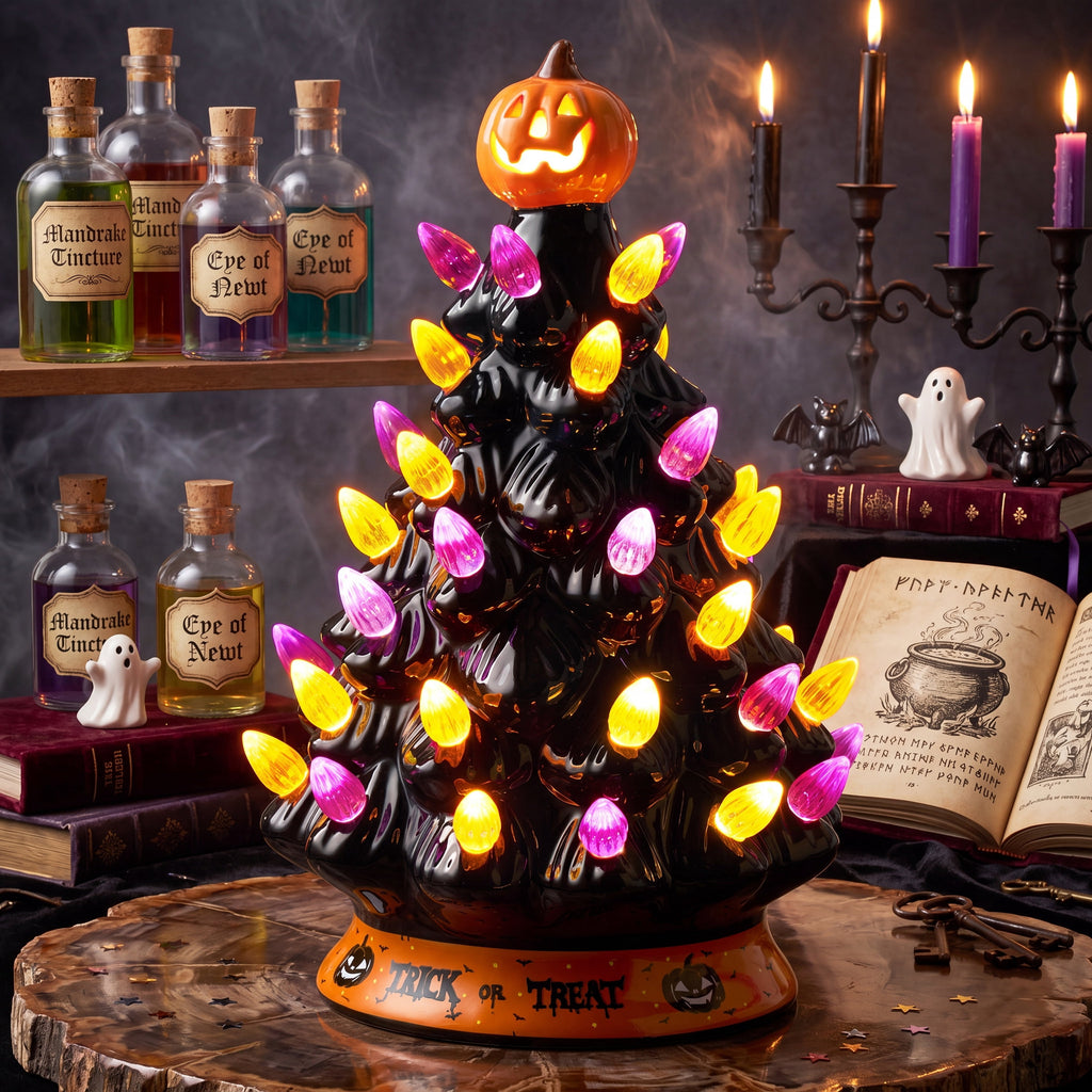 Joyfy 8.5 inch Halloween Decorations Ceramic Gnome Tree Decorations with Build-in LEDs,Light Up Pumpkin Table Decor Bedroom Indoor Centerpieces for Tables