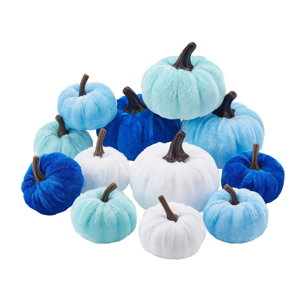 Bazyrey Velvet Pumpkins Fake Mini Pumpkin,Halloween Decor 12pcs Artificial Fake Velvet Pumpkins Decoration for Fall(Blue+White),Happy Halloween Thanks Giving Day Autumn Decorations