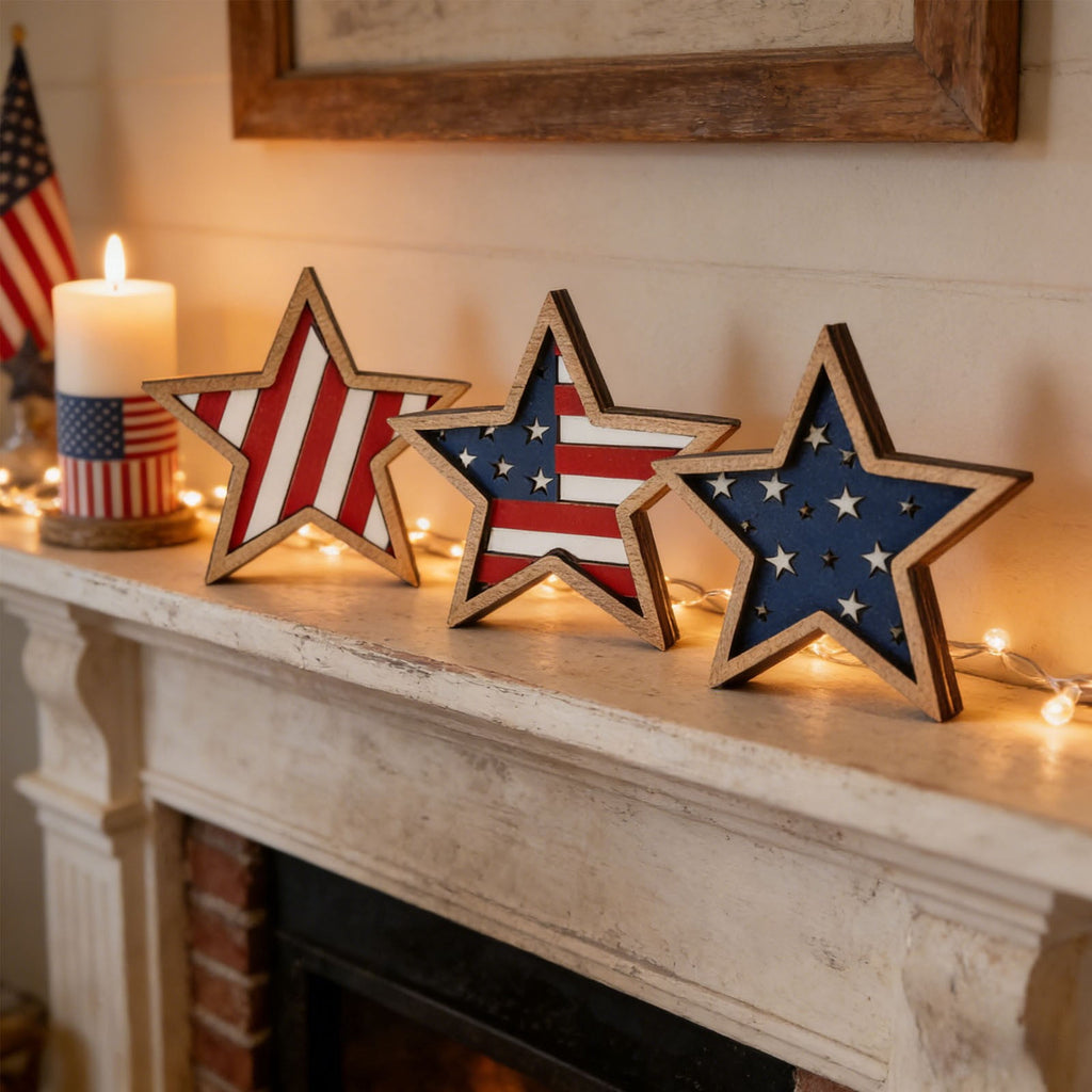 Japceit 3Pcs 4Th Of July Decorations Wooden Stars,Red White Blue Patriotic Decor, Independence Day Ornaments Set,For Home Office Table Shelf
