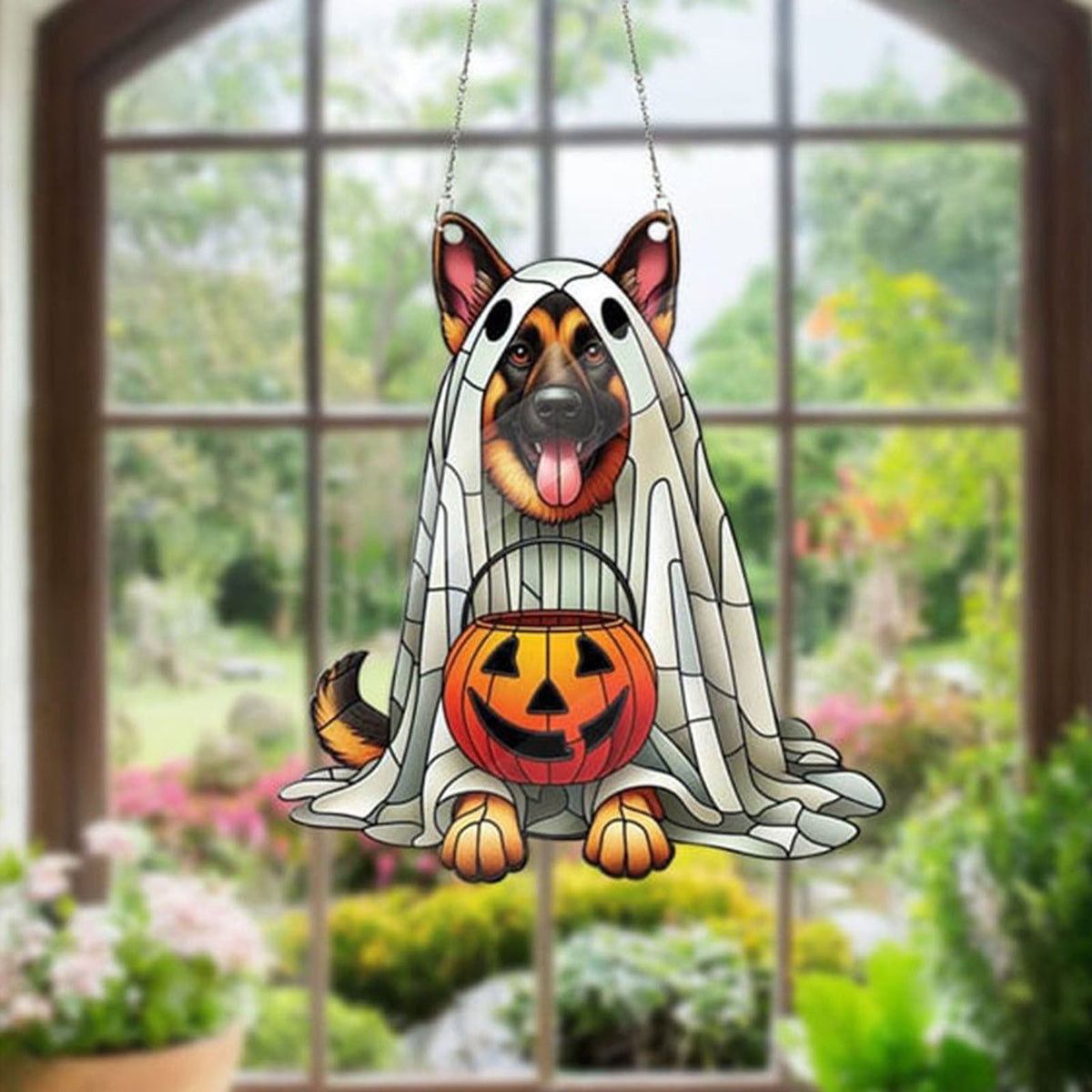Deeceymbur Halloween Window Hanging Acrylic Pumpkin Dog Decoration Spooky Home and Window Decor A