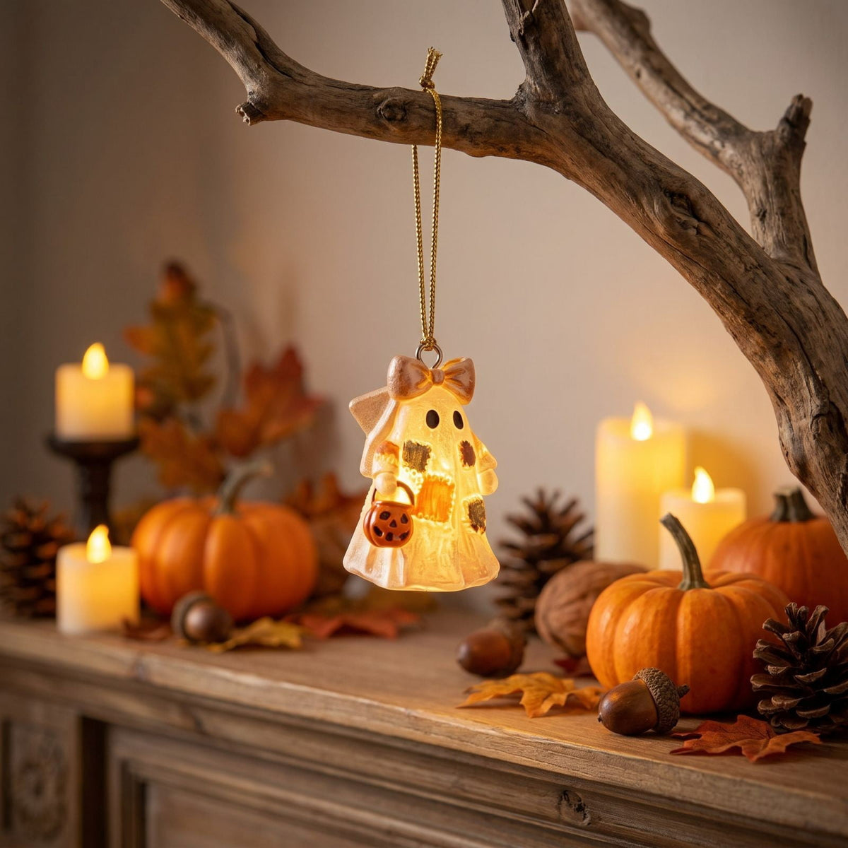 Vintage Patchwork Ghost Figurine, Cute Resin Halloween Ghost Statue with Floral Bow and Pumpkin Basket, Retro Fall Tabletop Mantel Shelf Entryway Porch Decor for Halloween Thanksgiving Home Party