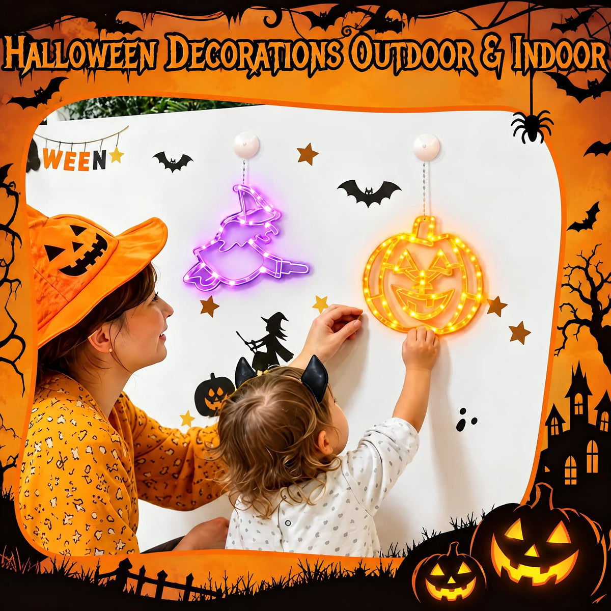 HiberyHom Halloween Lights, 4 Pack Witch Pumpkin Spider Grimace Halloween Decor Lights, Battery Operated Window Lights with Timer