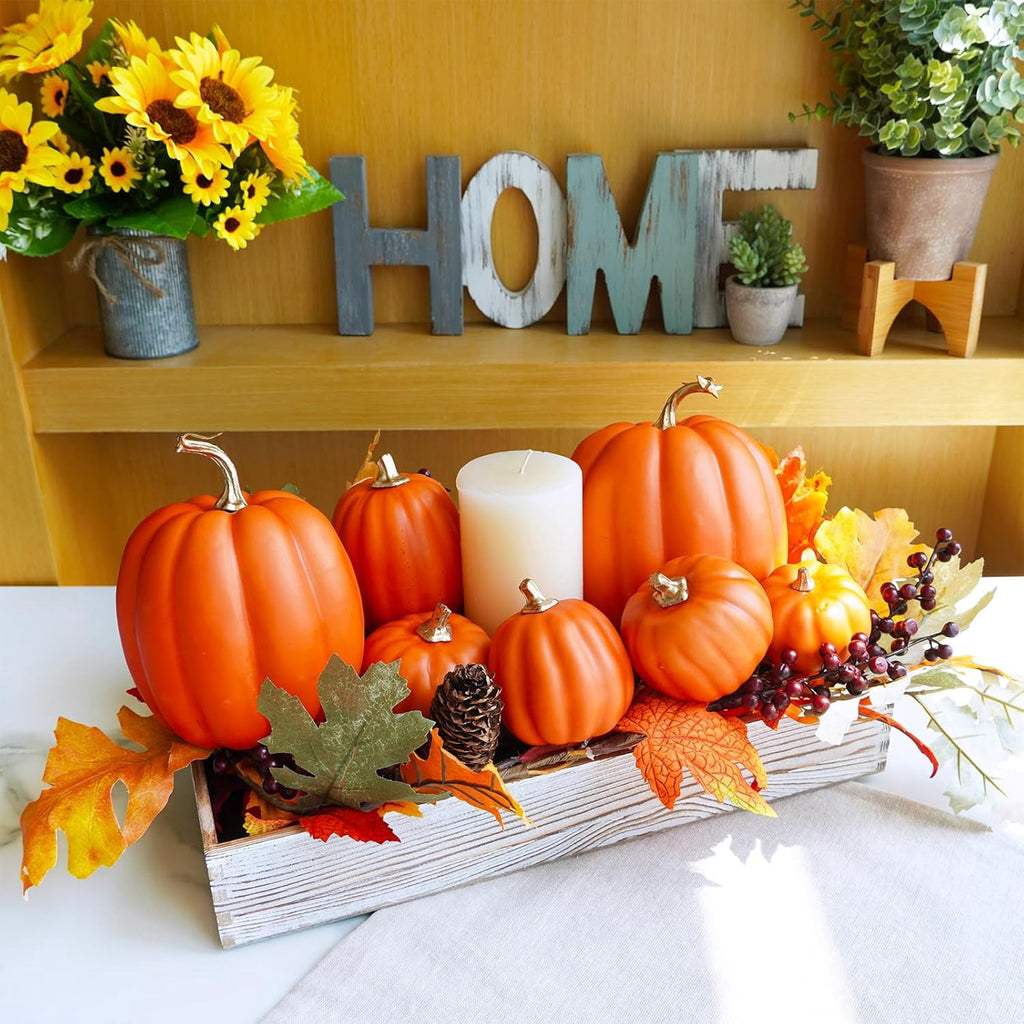 Foraging dimple 7 Pcs Assorted Harvest Orange Artificial Pumpkins Decorative Pumpkins Foam Pumpkins with Gold Stems for Fall Harvest Autumn Home Wedding Thanksgiving Halloween Party