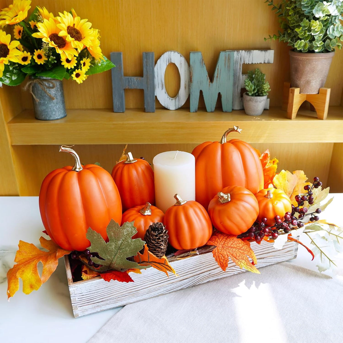 Foraging dimple 7 Pcs Assorted Harvest Orange Artificial Pumpkins Decorative Pumpkins Foam Pumpkins with Gold Stems for Fall Harvest Autumn Home Wedding Thanksgiving Halloween Party