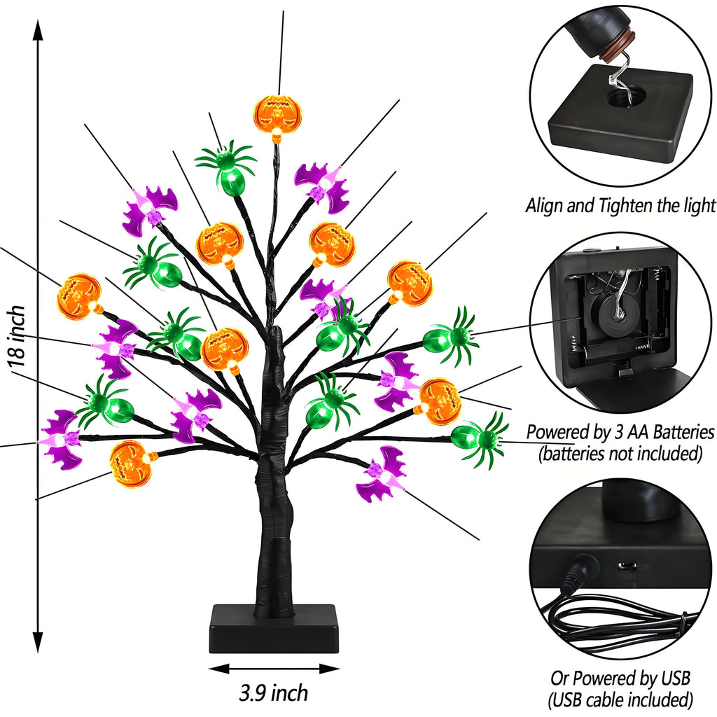 MYFLOCY Halloween 18 Inch Tree Lights 24 LED Pumpkin Bat Spider Indoor Room Decor