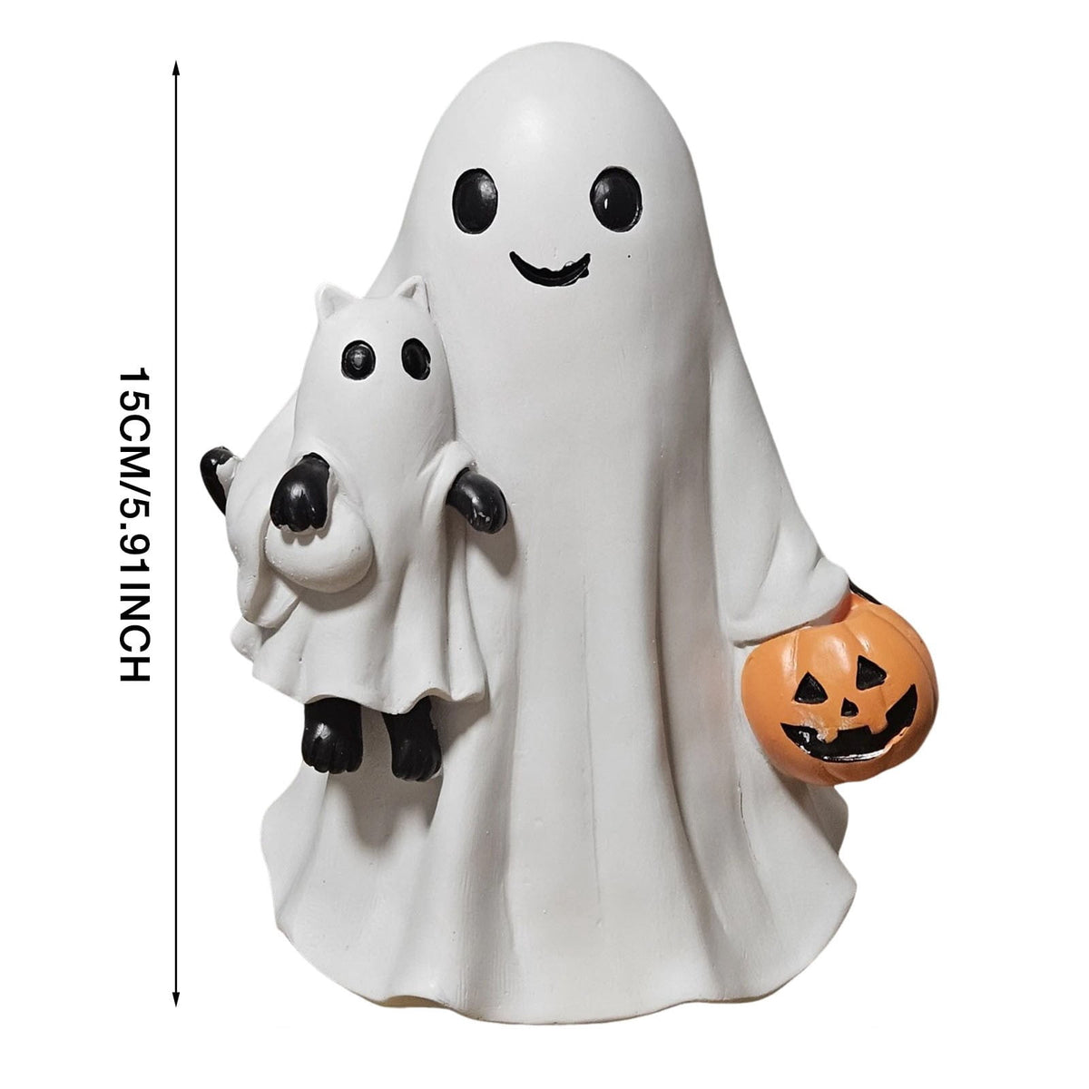 1Pc Halloween Ghost Holding Black Cat and Pumpkin Ornaments,Resin Figurine Holding Pumpkin Decor Cute Handmade Tabletop Statue Perfect for Halloween Home Decoration(White)