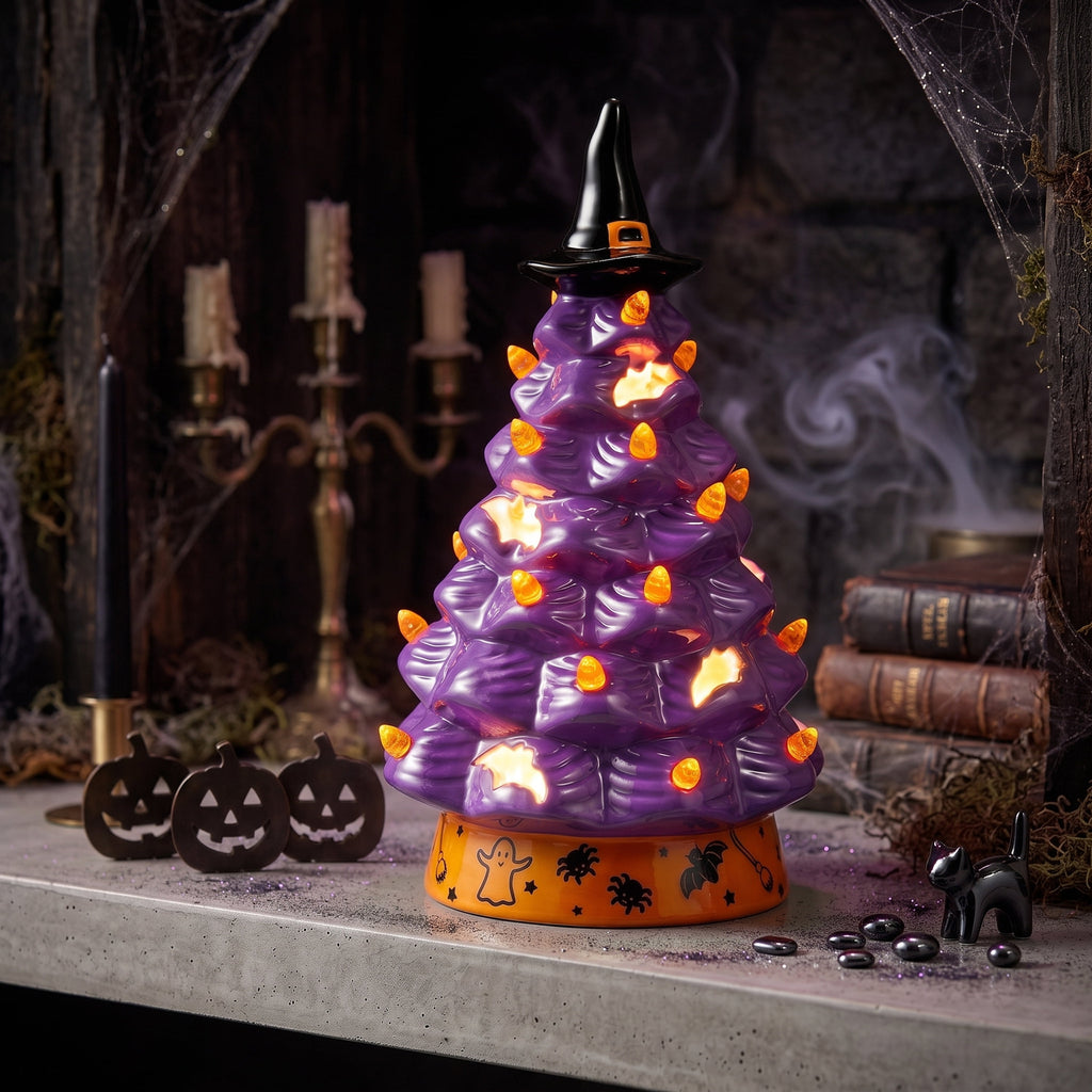 Joyfy 8.5 inch Halloween Decorations Ceramic Gnome Tree Decorations with Build-in LEDs,Light Up Pumpkin Table Decor Bedroom Indoor Centerpieces for Tables