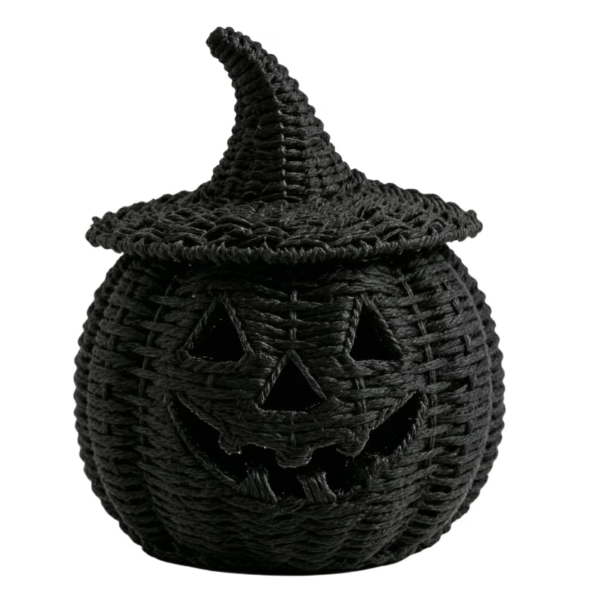 Black Woven Pumpkin Basket with Witch Hat Cover Lid, 11" Halloween Jack-O-Lantern Woven Container, Handcrafted Rattan Pumpkin Tabletop Centerpiece for Home Office Halloween Party Table