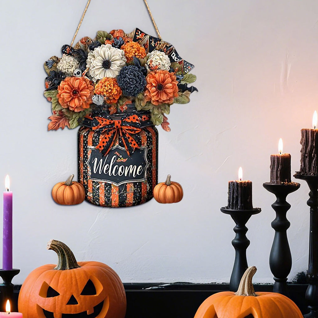 Fall Welcome Door Sign Halloween Thanksgiving Pumpkin Hanging Decor Fall Wooden Sign Halloween Decorations Pumpkin Maple Leaves Door Hanger for Outdoor Farmhouse Porch
