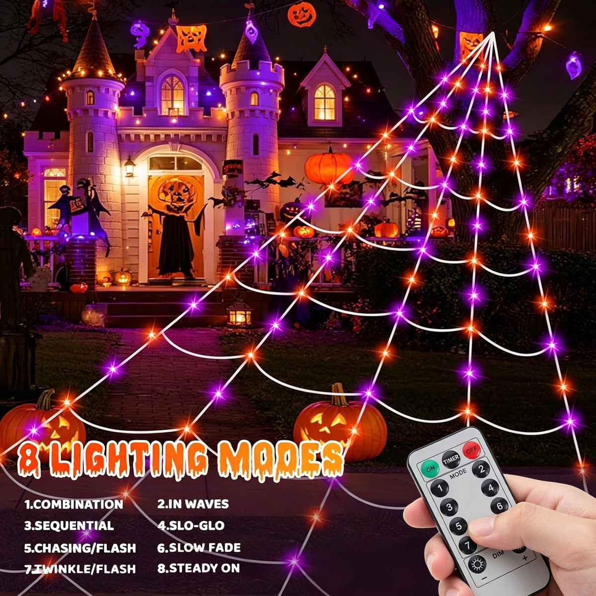 VOLIVO Halloween Spider Web Light, 250 LED 15.7 x 16.4 FT Halloween Decor, 8 Modes Remote Waterproof for Indoor Outdoor Party (Purple & Orange)