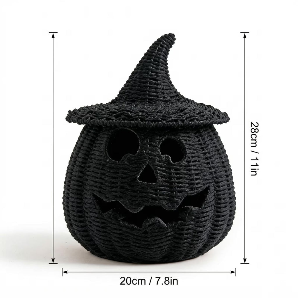 Black Woven Pumpkin Basket with Witch Hat Cover Lid, 11" Halloween Jack-O-Lantern Woven Container, Handcrafted Rattan Pumpkin Tabletop Centerpiece for Home Office Halloween Party Table