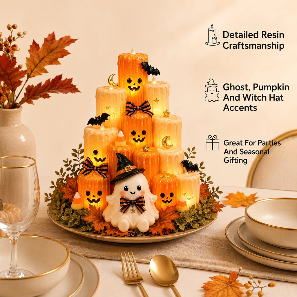 Halloween Ghost Pumpkin LED Candle, Halloween Tabletop Decor with Flickering Warm Light