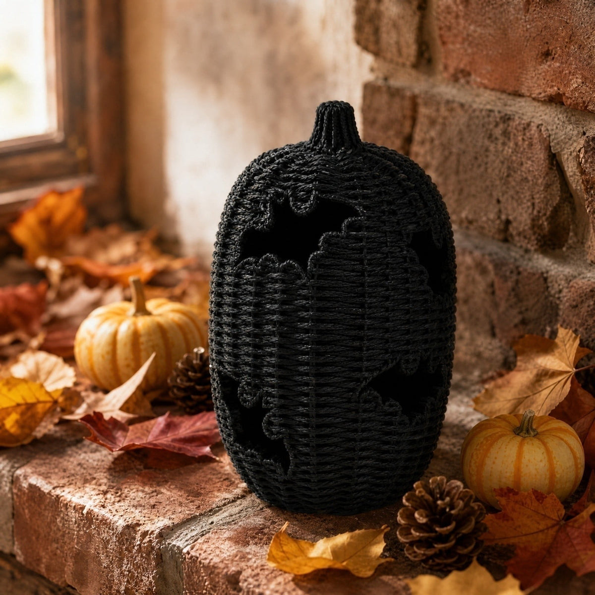 Aximioll Halloween Black Woven Jack-O-Lantern Pumpkin Decor, Hand Woven Rattan Wicker Style Statue, Trick or Treat Candy Bowl Lantern for Porch Entryway Fireplace Mantel Table, Black, 11 Inches