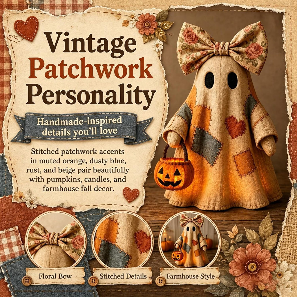 Win s Way Lighted Vintage Patchwork Ghost Decor Glowing Ghost Figurine with Pumpkin Lantern Farmhouse Style Light Up Statue for Mantel Shelf Entryway Table Fall Decorations