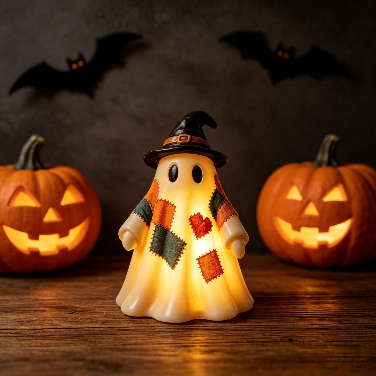Halloween Ghost Figurine, Resin Lighted Ghost Ornament with Pumpkin Lantern & Beverage Cup, Tabletop Halloween Indoor Decor