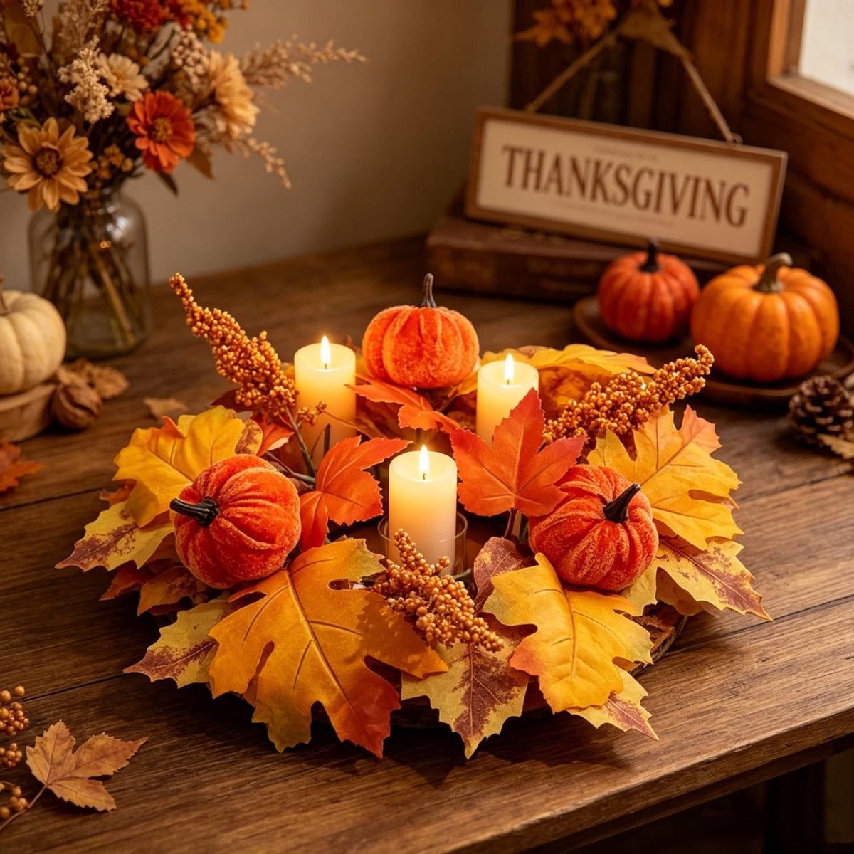 Fall Maple Leaf Front Door Wreath, Multicolor Plastic Seasonal Wreath for Halloween Thanksgiving Christmas Indoor Wall Fireplace Home Decor, 9.84 Inch