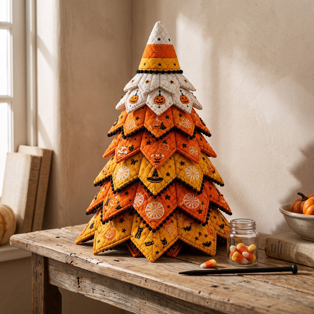 Halloween Fabric Trees - 11.8" DIY Halloween Quilted Fabric Tree Kit, Black Cat Pumpkin Witch Design, Sewing Patchwork Ghost Trees Holiday Table Mantel Decor, Handmade Gift for Craft Lovers