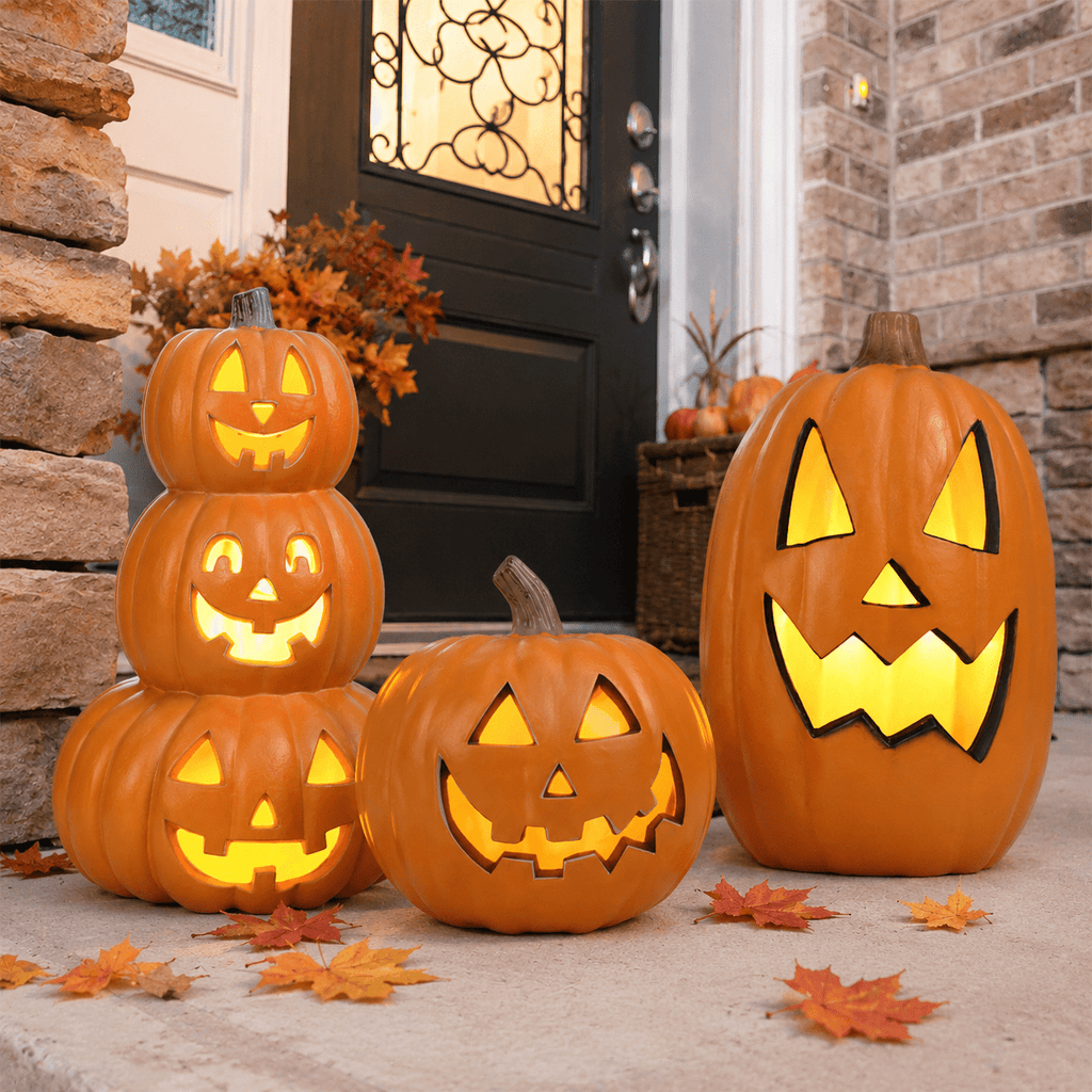 Gamexcel 3 Pack Light Up Jack O Lantern Pumpkins, 10/14/16 in Waterproof LED Halloween Decorations for Indoor Outdoor Porch Yard