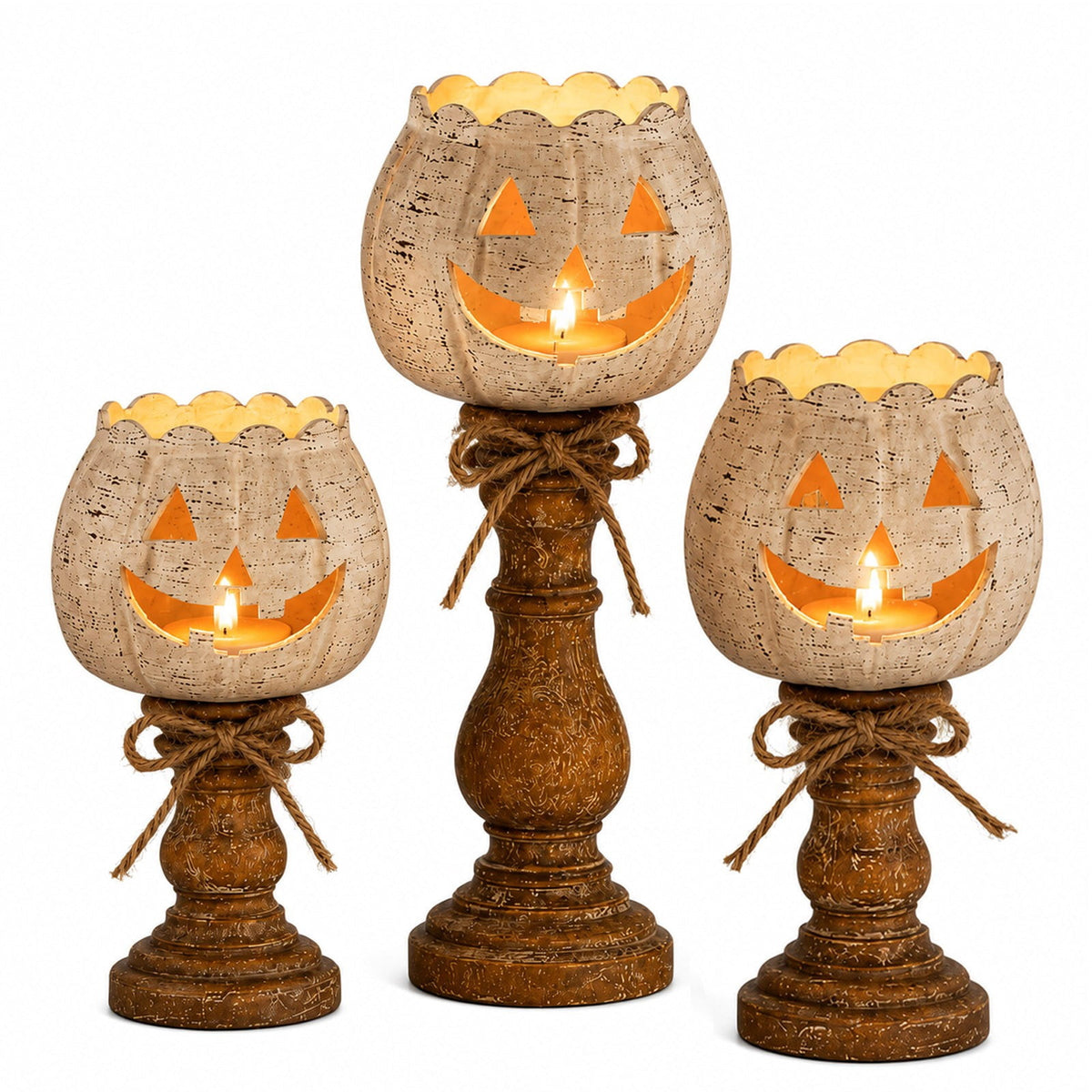 Halloween Lamp Indoor Tabletop Decorations, LED Lighted Wooden Pumpkin with Vintage Pedestal Stand and Rope Bow, 8.7 Inch Rustic Halloween Decor for Home Mantel Entryway