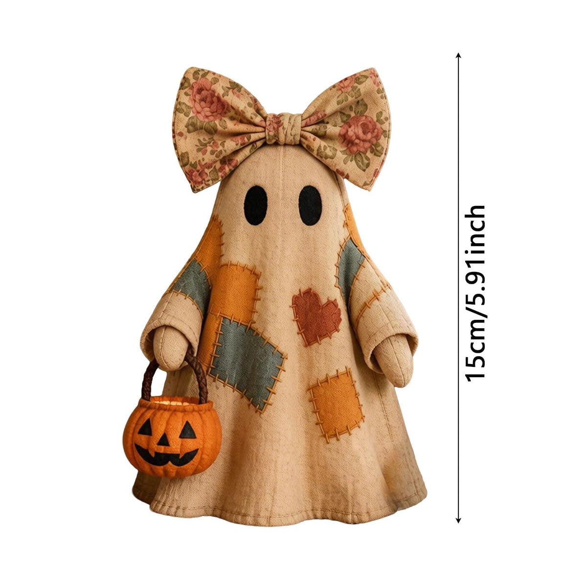 Win s Way Lighted Vintage Patchwork Ghost Decor Glowing Ghost Figurine with Pumpkin Lantern Farmhouse Style Light Up Statue for Mantel Shelf Entryway Table Fall Decorations