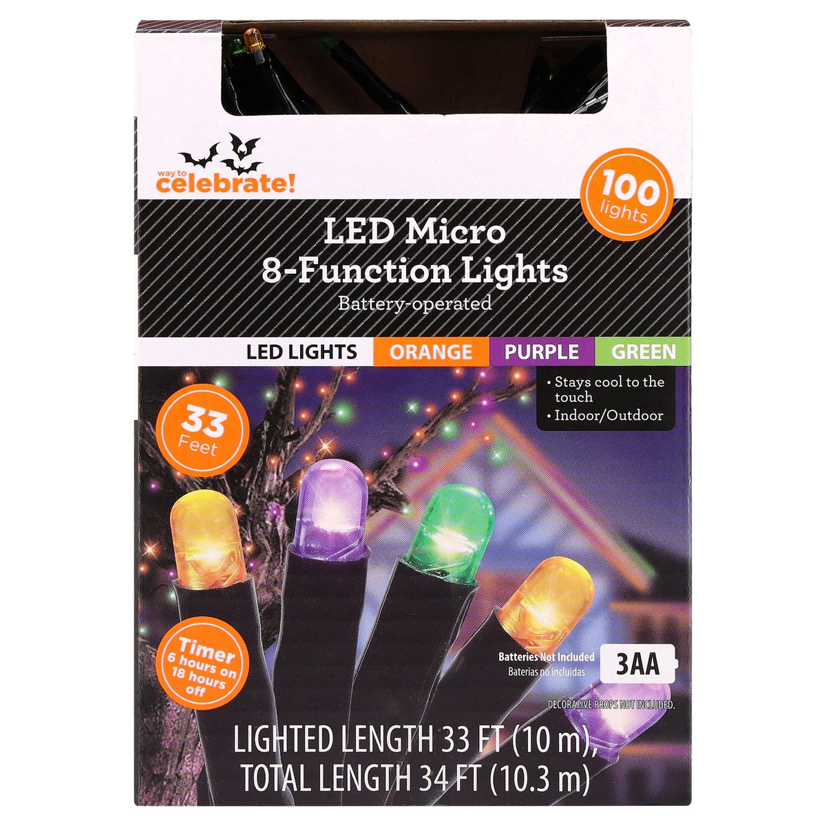Indoor/Outdoor 100-Count Battery-Operated LED 8-Function Micro String Lights, Orange, 33', Halloween by Way To Celebrate