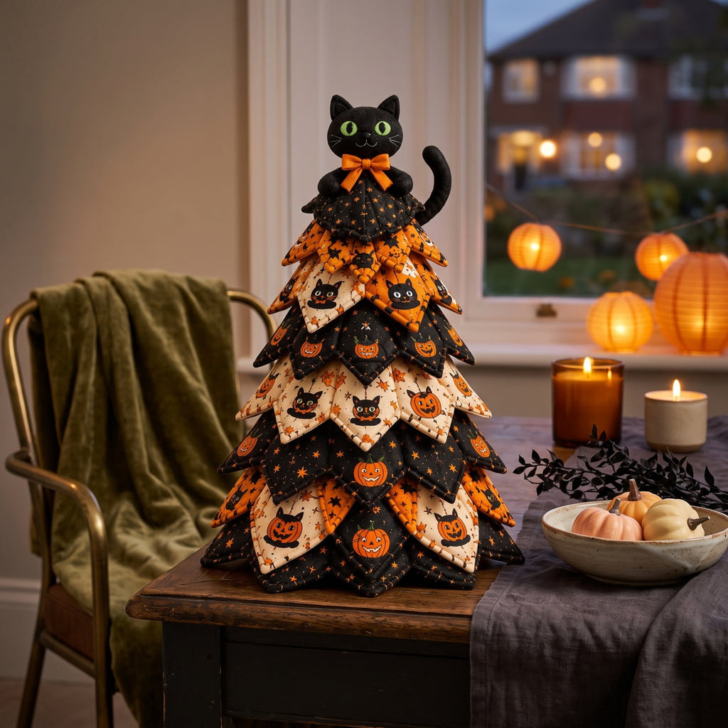 Halloween Fabric Trees - 11.8" DIY Halloween Quilted Fabric Tree Kit, Black Cat Pumpkin Witch Design, Sewing Patchwork Ghost Trees Holiday Table Mantel Decor, Handmade Gift for Craft Lovers
