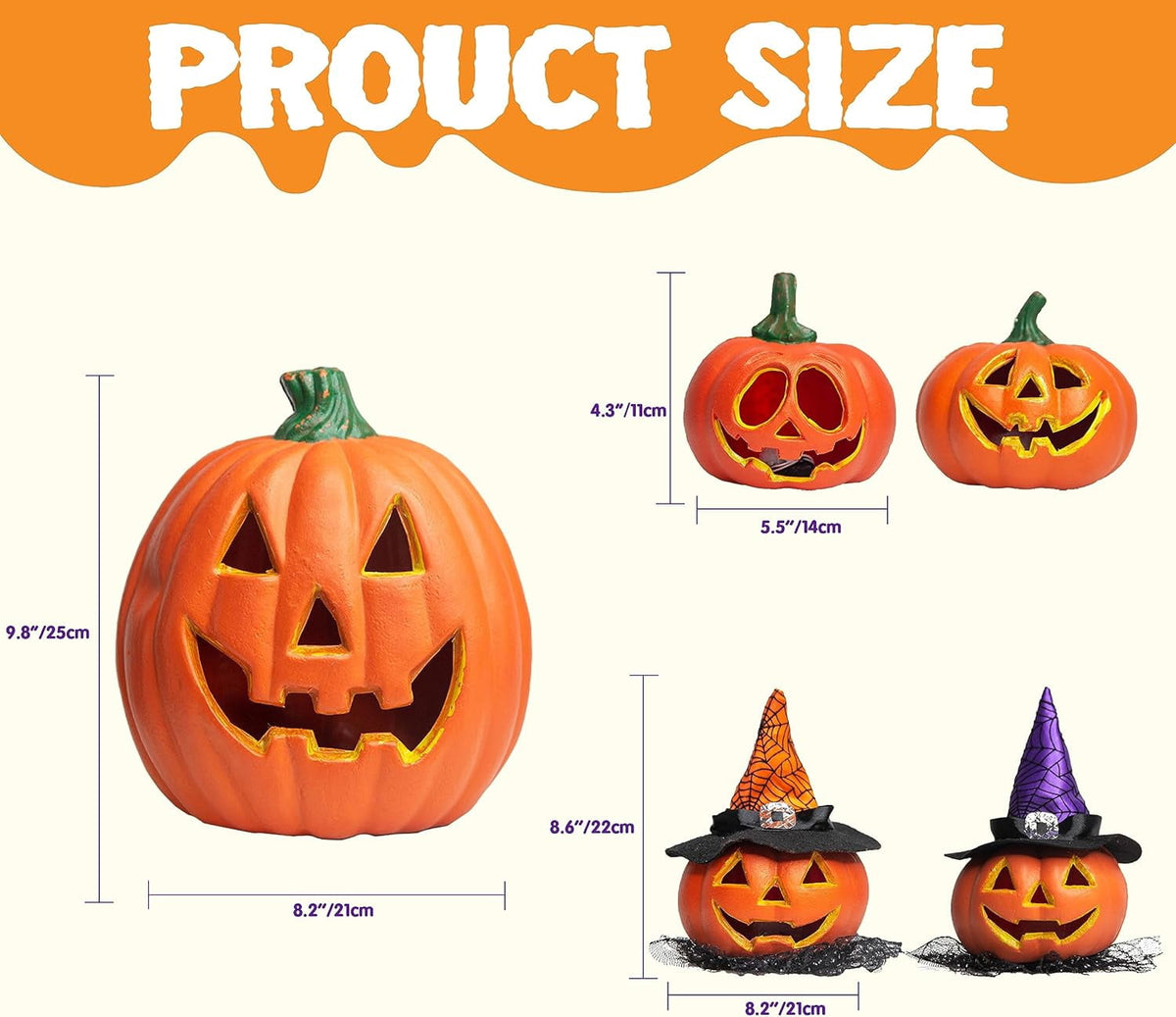 Joyfy 5 Pcs Light Up Halloween Pumpkin Decor Jack O Lantern Decorations Outdoor Indoor, Plastic Large Trick Or Treat Table Top Party Supplies Favors
