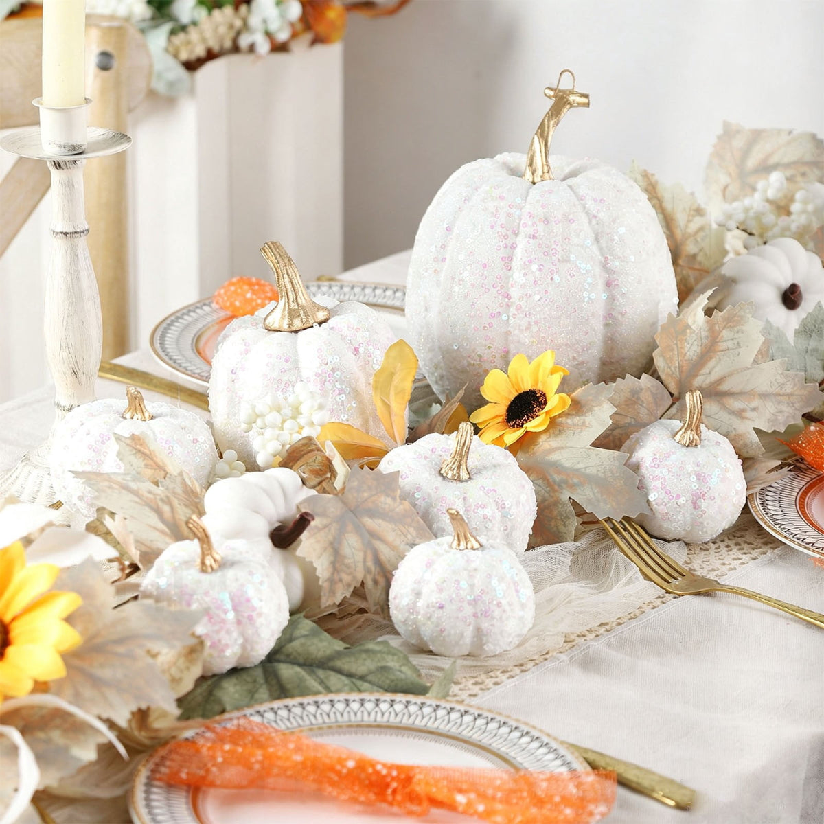FXMLRLK Pink Velvet Pumpkins Fall Decor, 7PCS Artificial Glitter Pumpkins for Halloween Thanksgiving Day Home Centerpieces for Tables Seasonal Holiday Decor