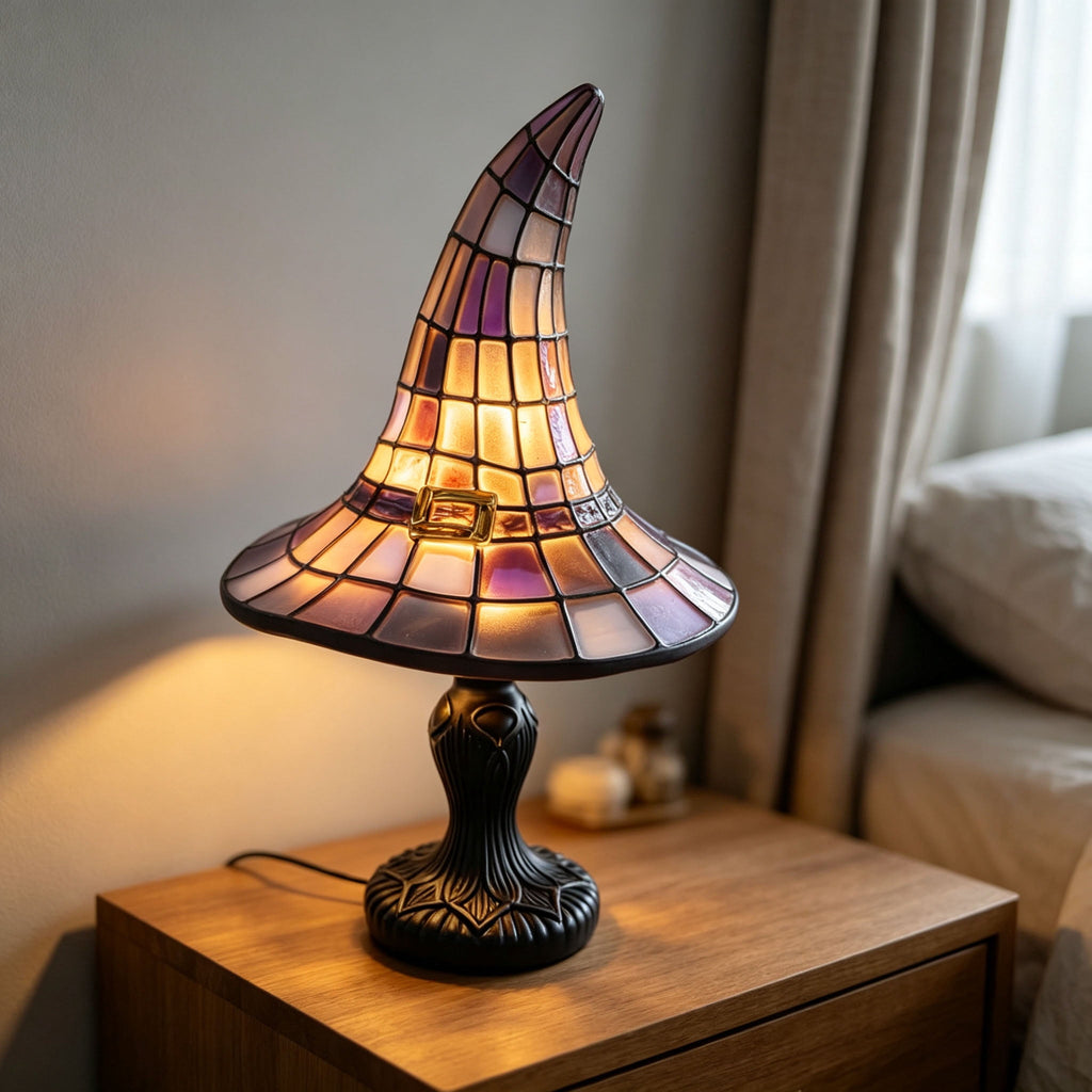 Stained Glass Witch Hat Lamp Gothic Halloween Lighting Decor, Vintage Witchy Hats Night Lights, Handcrafted Retro Resin Table Lamp for Bedroom, Living Room & Home Decor