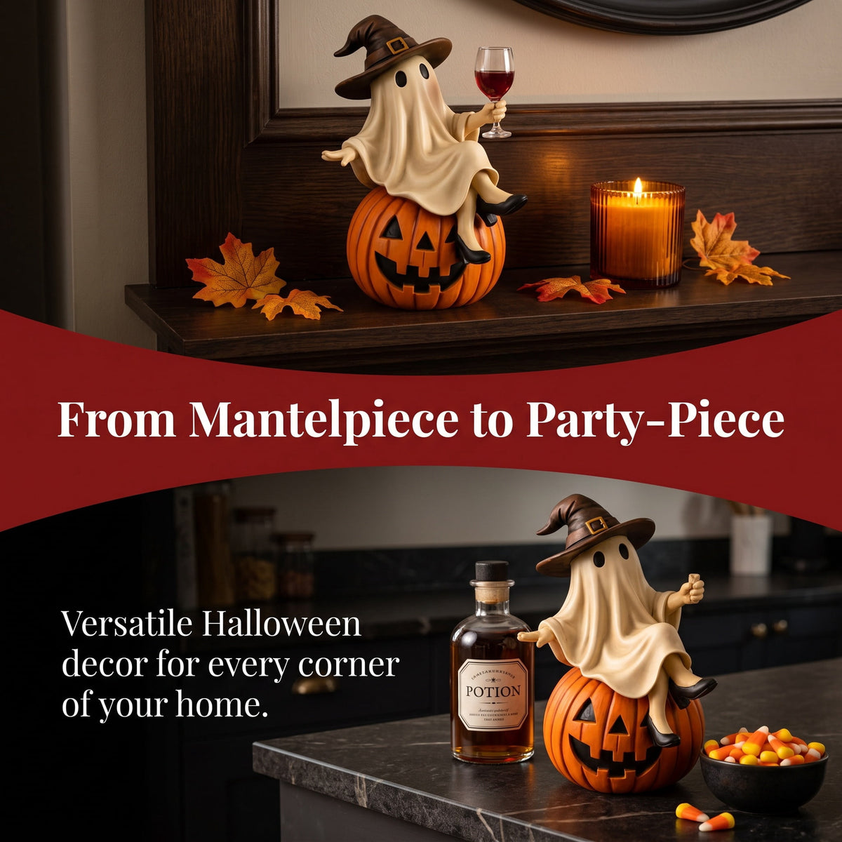 Ghost Decor, Halloween Figurines, Ghost Drinking Coffee Figurine, Witch on Pumpkin, Wine Glass, Spooky Home Accent