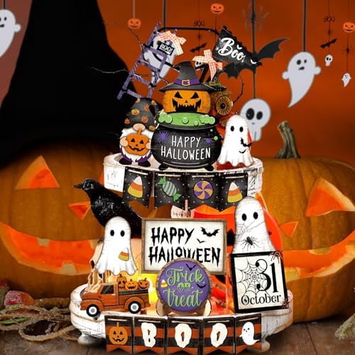 MiniInflat Halloween Tiered Tray Decorations Set, Wood, Pumpkin, Colorful