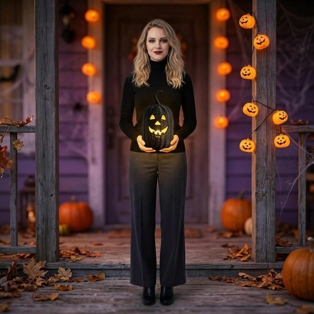 Halloween Woven Seagrass Pumpkin for Spooky Halloween Candy Storage and Home Decor, Black Handcrafted Witch Hat Woven Seagrass Lantern for LED Candy（B）