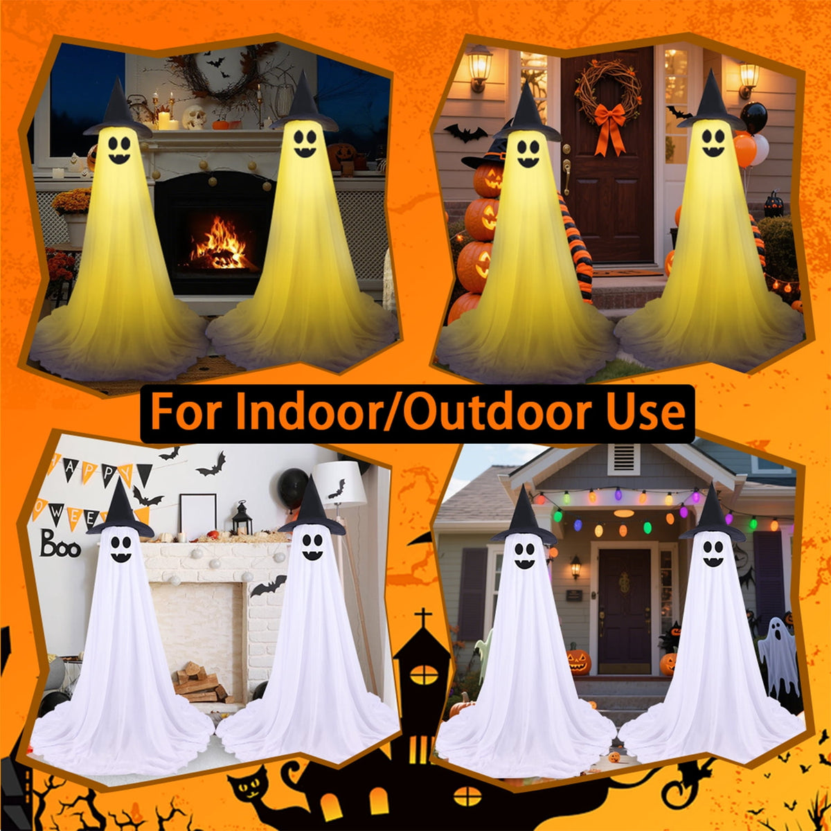 2Pcs Halloween Decorations Outdoor Ghost, DIY Ghost Kit Decor with Witch Hat Remote Control String Lights Halloween Decorations Indoor Halloween Ghost Lights for Porches Yards Gardens Lawn