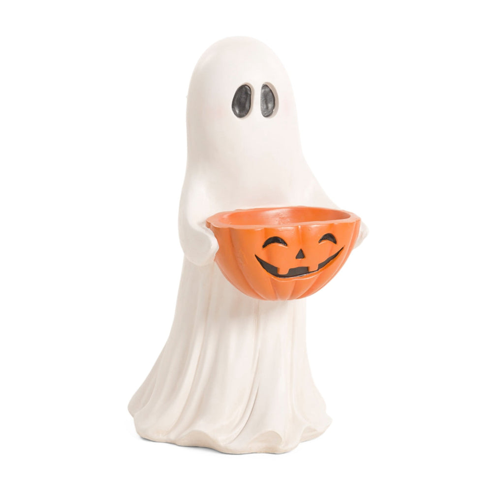 Lighted Halloween Ghost Candy Bowl, Cute LED Ghost Holding Pumpkin Candy Bucket for Trick or Treat, Outdoor Halloween Decorations for Front Porch, Indoor Yard Patio Halloween Decor