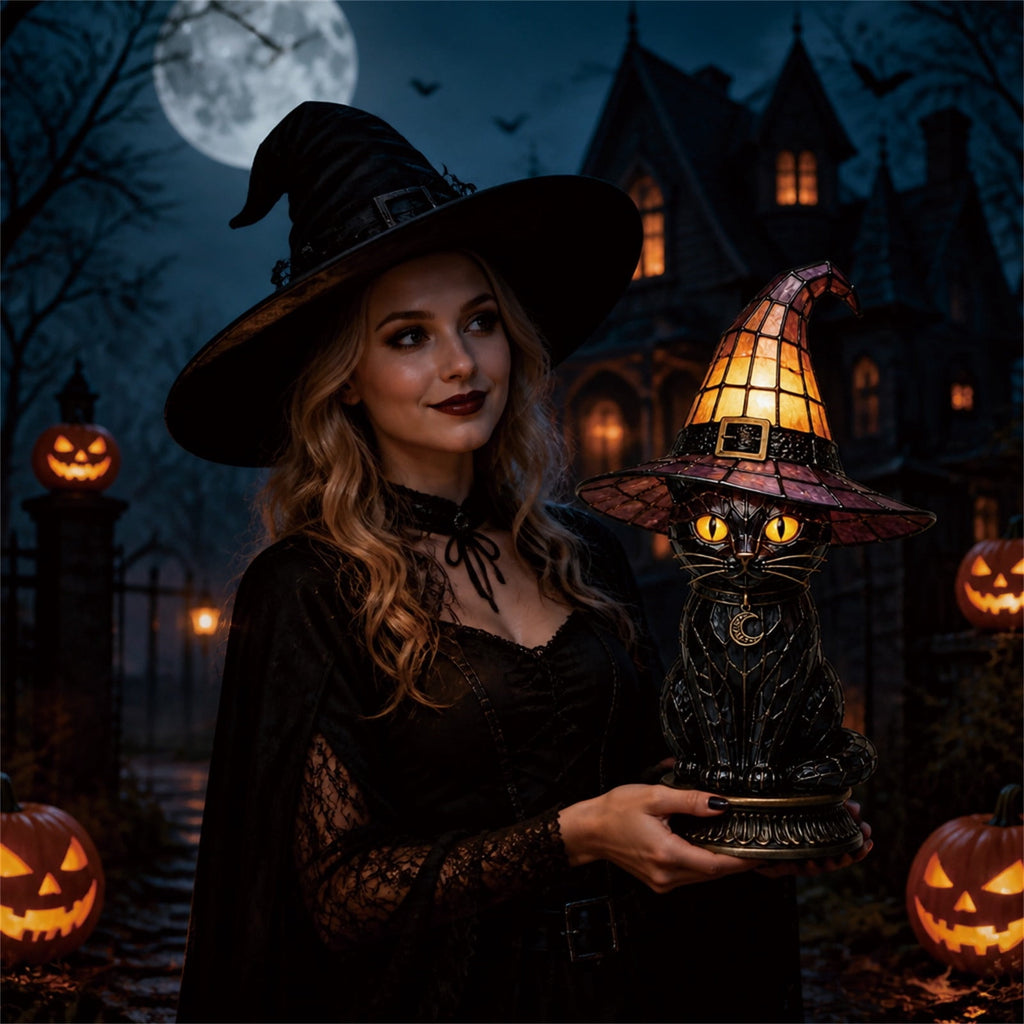 Fuebueo Halloween Witch Hat Lamp 11.81 Inch, Stained Glass Tiffany Style Table Lamp for Bedroom Nightstand, Gothic Witchy Halloween Decorations for Home Living Room