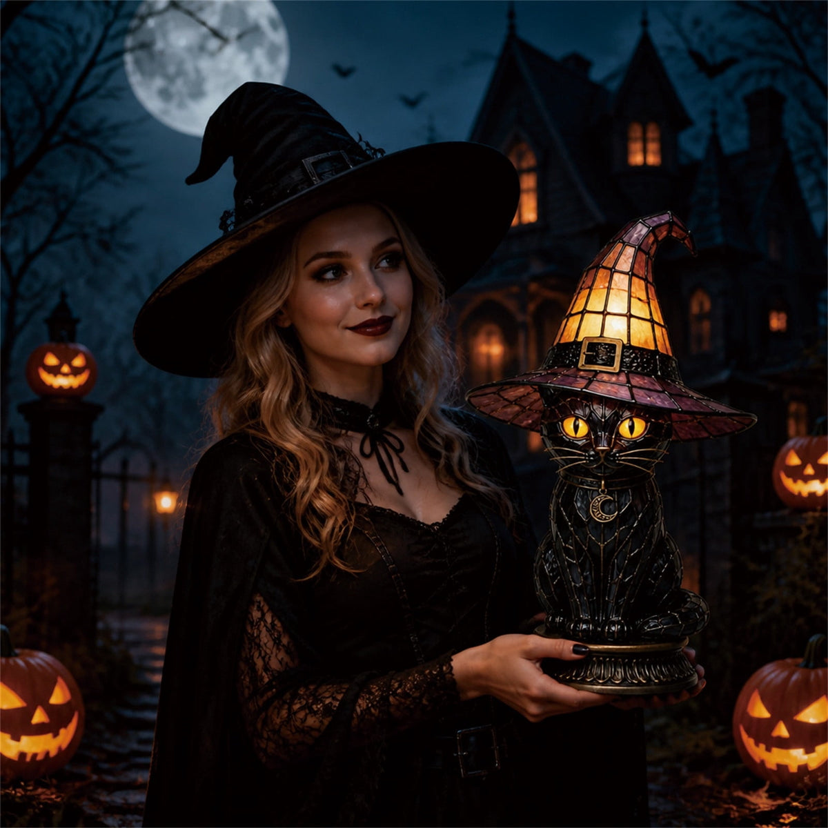 Black Cat Witch Hat Lamp Halloween Decor, Retro Resin Witch Hat Cat Lamp, Halloween pumpkin decoration Night Light, for Bedroom & Bookshelf family gatherings decoration gifts(Resin)
