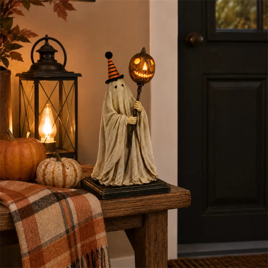 Win s Way Lighted Vintage Patchwork Ghost Decor Glowing Ghost Figurine with Pumpkin Lantern Farmhouse Style Light Up Statue for Mantel Shelf Entryway Table Fall Decorations