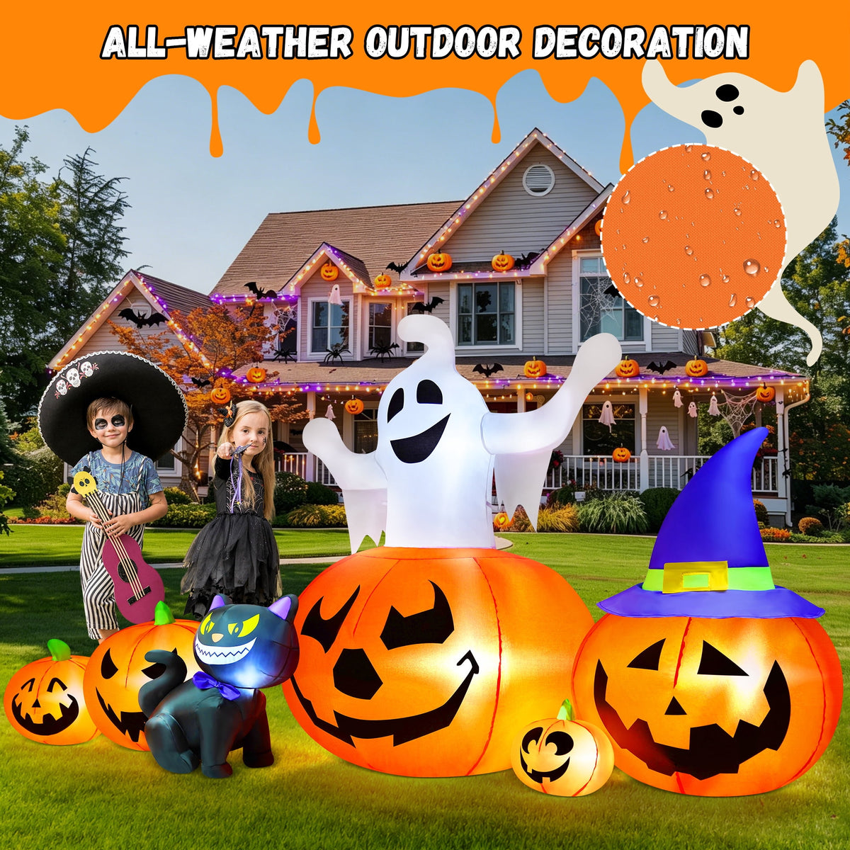 Yexmas 8FT Halloween Inflatable Decoration with Ghost, Black Cat and Pumpkins,Built-in LED Lights, Blow Up Halloween Yard Decor for Indoor/Outdoor Party,Yard, Lawn