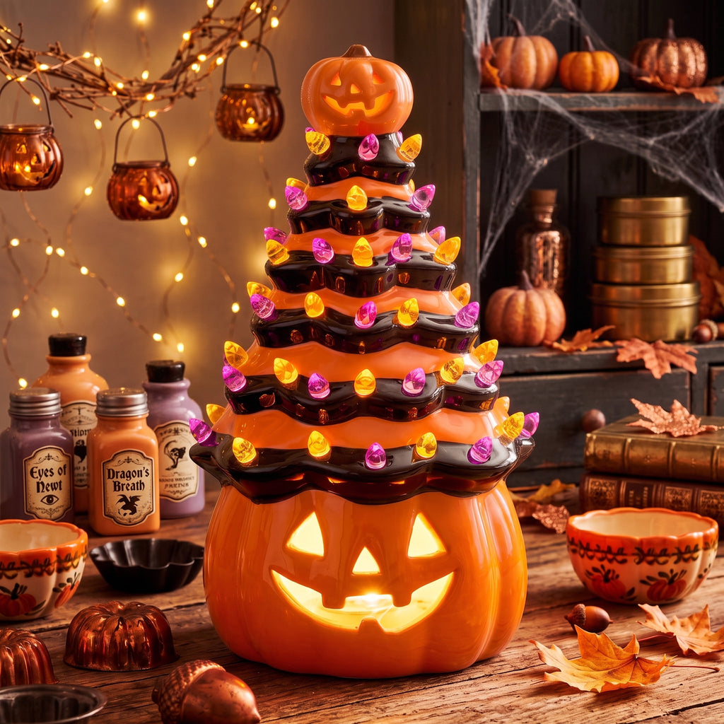 Joyfy 8.5 inch Halloween Decorations Ceramic Gnome Tree Decorations with Build-in LEDs,Light Up Pumpkin Table Decor Bedroom Indoor Centerpieces for Tables