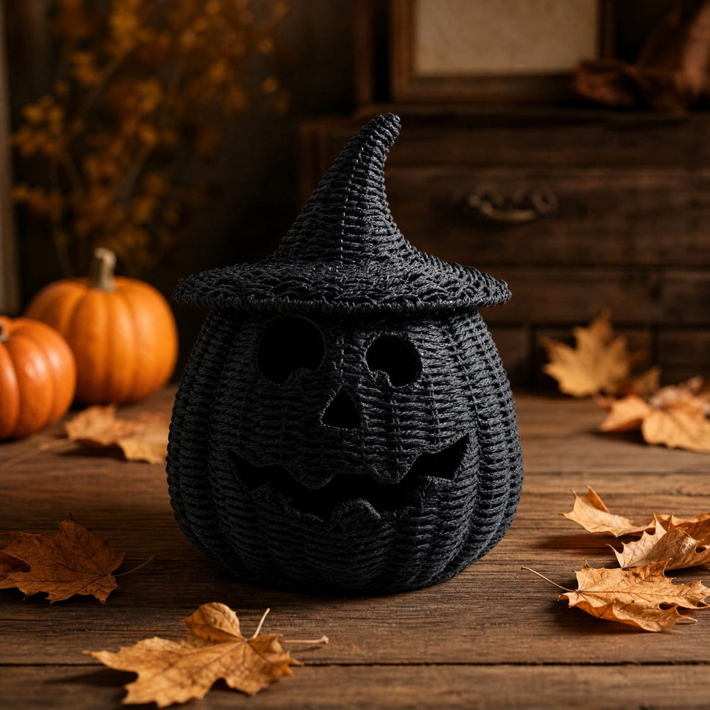 Handwoven Rattan Pumpkin Lantern with Lid, 11" Halloween Light Up Woven Pumpkin Decor, Rustic Black Wicker Pumpkin Decoration for Indoor Home Mantle Tabletop Decor(B)