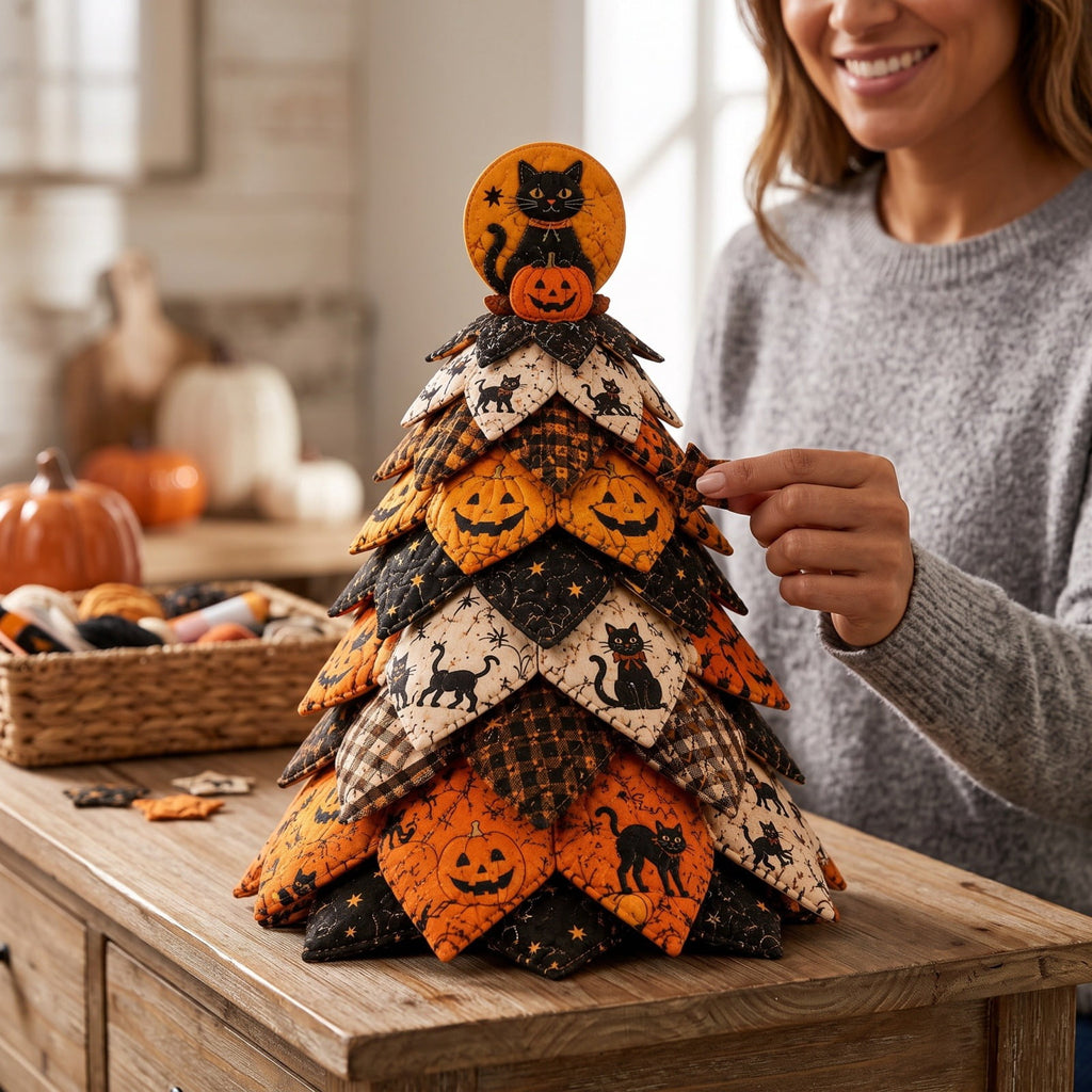 Halloween Fabric Trees - 11.8" DIY Halloween Quilted Fabric Tree Kit, Black Cat Pumpkin Witch Design, Sewing Patchwork Ghost Trees Holiday Table Mantel Decor, Handmade Gift for Craft Lovers