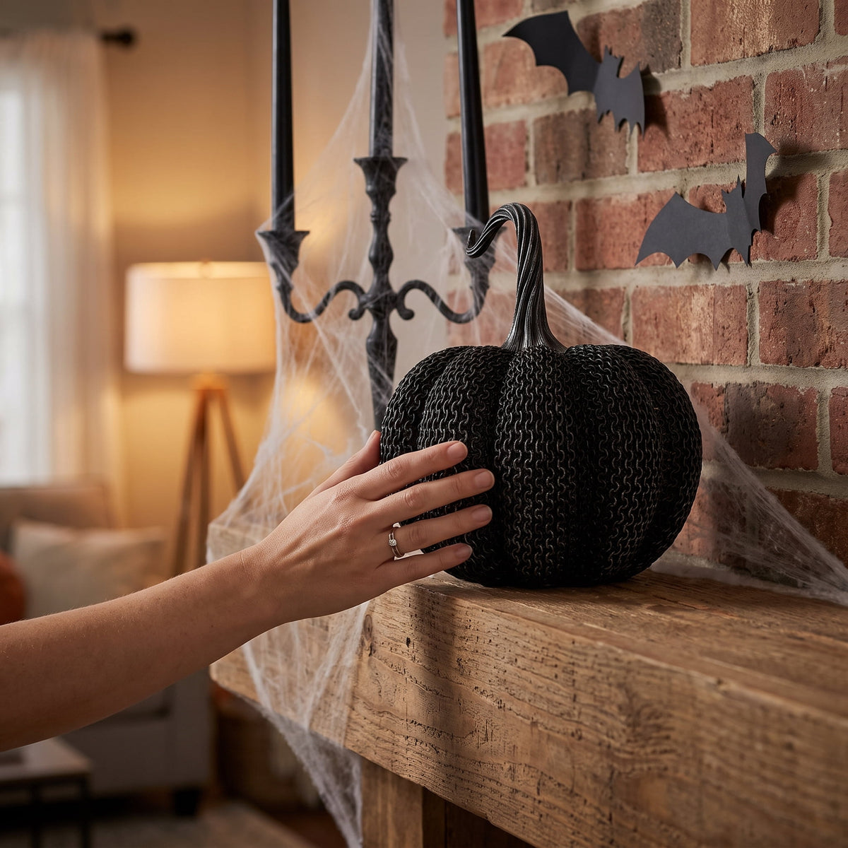 Resin Textured Pumpkin Decoration, Black, 9.5", Halloween by Way To Celebrate