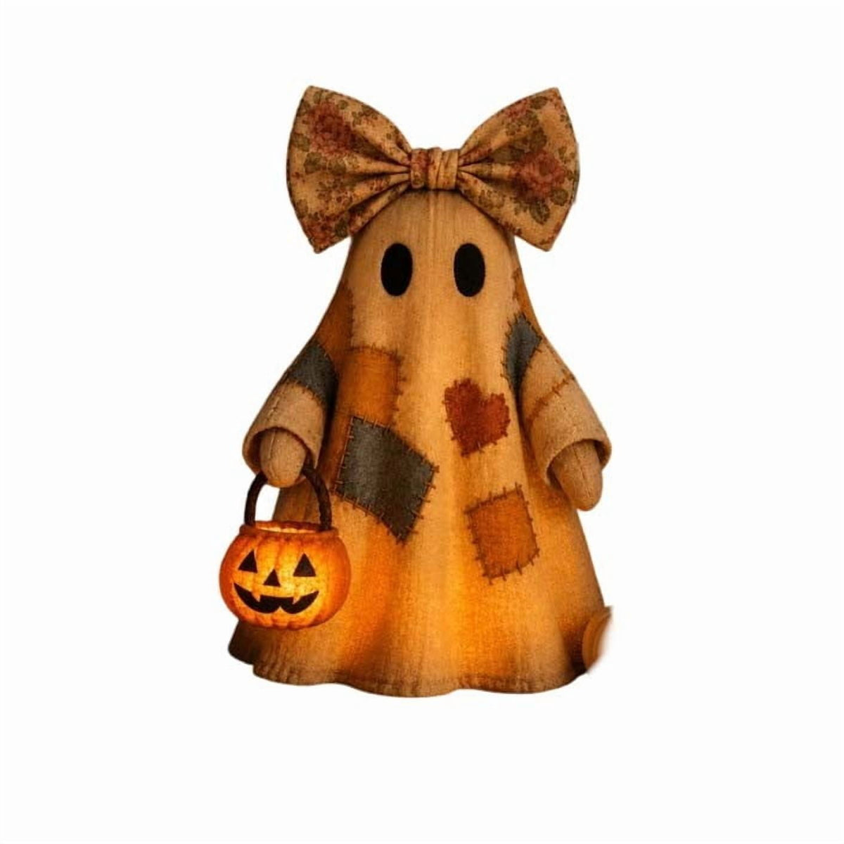 Vintage Patchwork Ghost Figurine, Cute Resin Halloween Ghost Statue with Floral Bow and Pumpkin Basket, Retro Fall Tabletop Mantel Shelf Entryway Porch Decor for Halloween Thanksgiving Home Party
